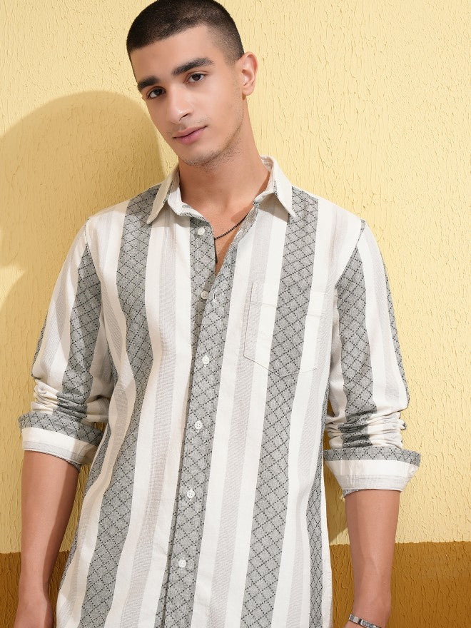 Highlander Men Cream Striped Slim Fit Casual Shirt - Cream - Image 1