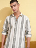 Highlander Men Cream Striped Slim Fit Casual Shirt - Cream - Image 1