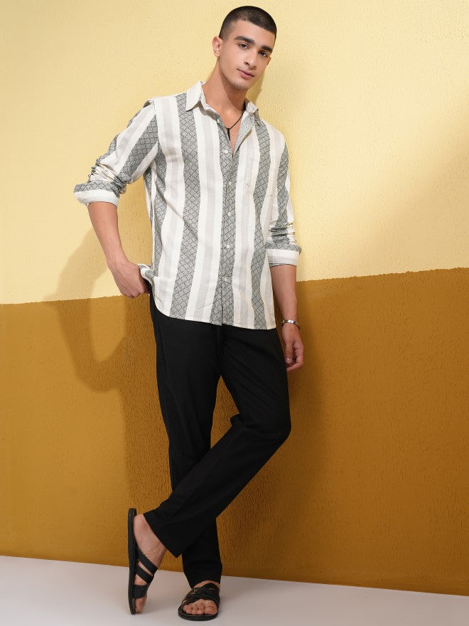 Highlander Men Cream Striped Slim Fit Casual Shirt - Cream - Image 2
