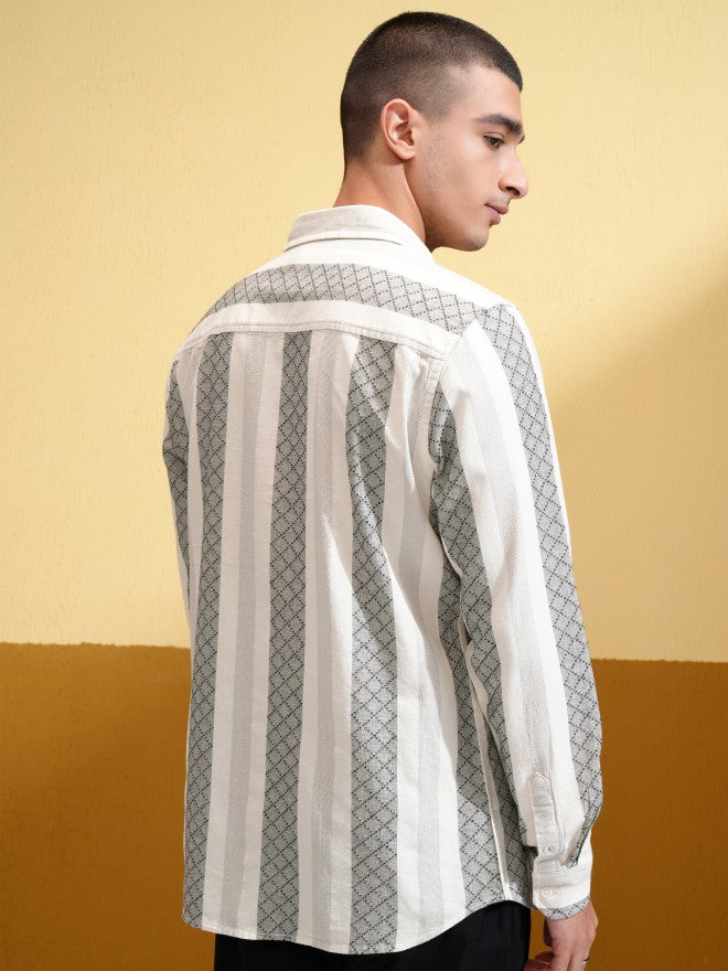Highlander Men Cream Striped Slim Fit Casual Shirt - Cream - Image 3