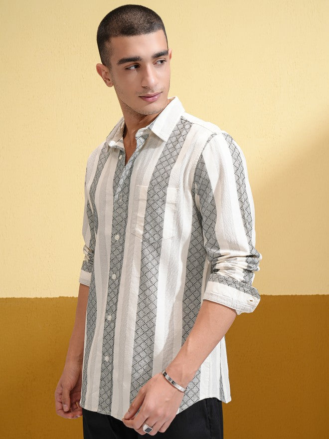 Highlander Men Cream Striped Slim Fit Casual Shirt - Cream - Image 4