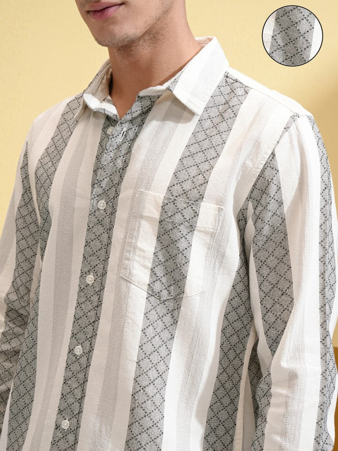 Highlander Men Cream Striped Slim Fit Casual Shirt - Cream - Image 5