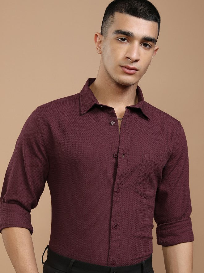 Highlander Men Maroon Textured Slim Fit Casual Shirt - Maroon - Image 1