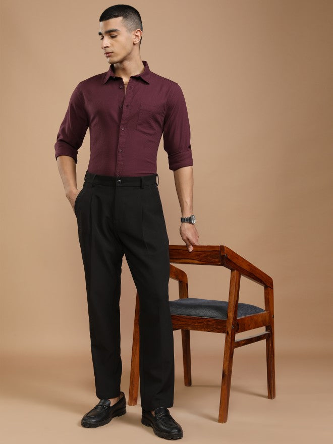 Highlander Men Maroon Textured Slim Fit Casual Shirt - Maroon - Image 2