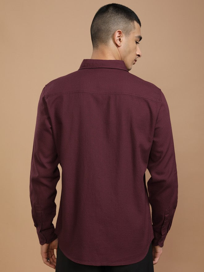 Highlander Men Maroon Textured Slim Fit Casual Shirt - Maroon - Image 3