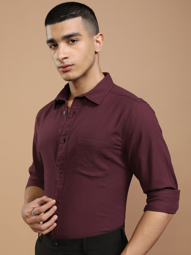 Highlander Men Maroon Textured Slim Fit Casual Shirt - Maroon - Image 4