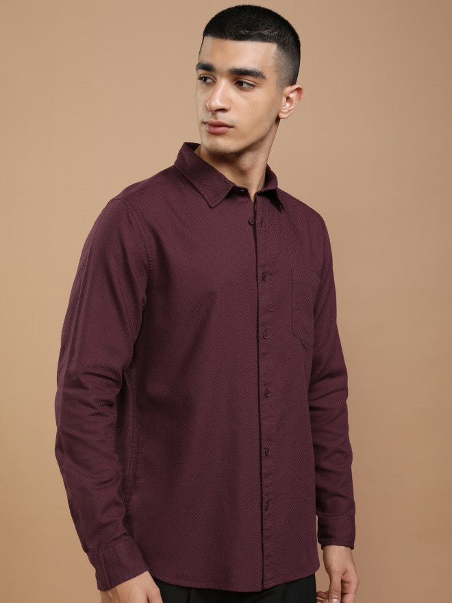 Highlander Men Maroon Textured Slim Fit Casual Shirt - Maroon - Image 6