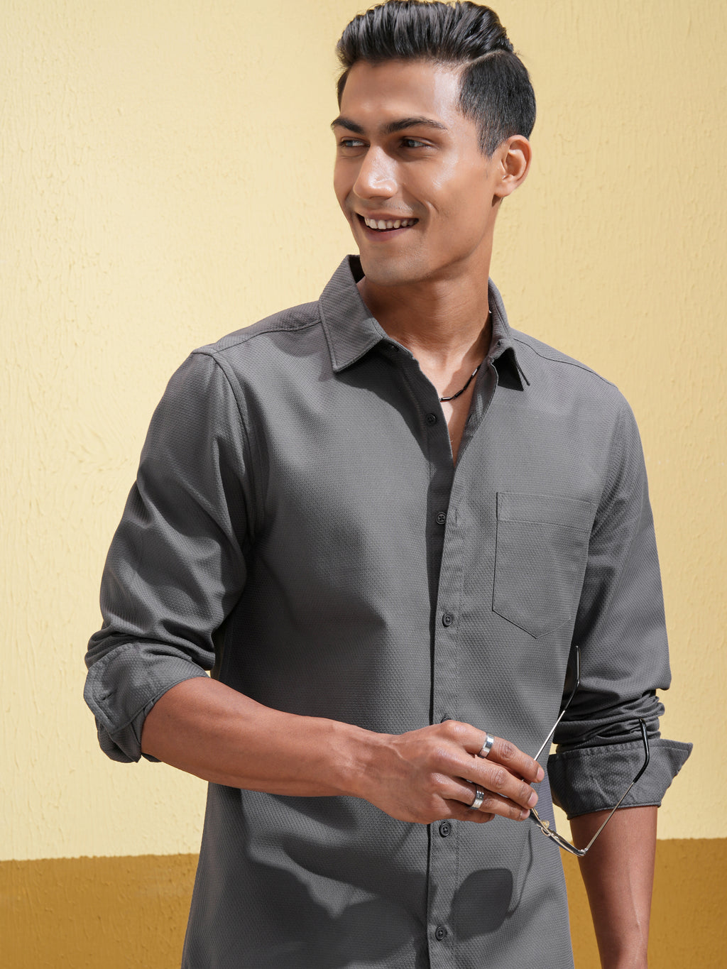 Highlander Men Charcoal Self Design Slim Fit Casual Shirt - Charcoal - Image 1