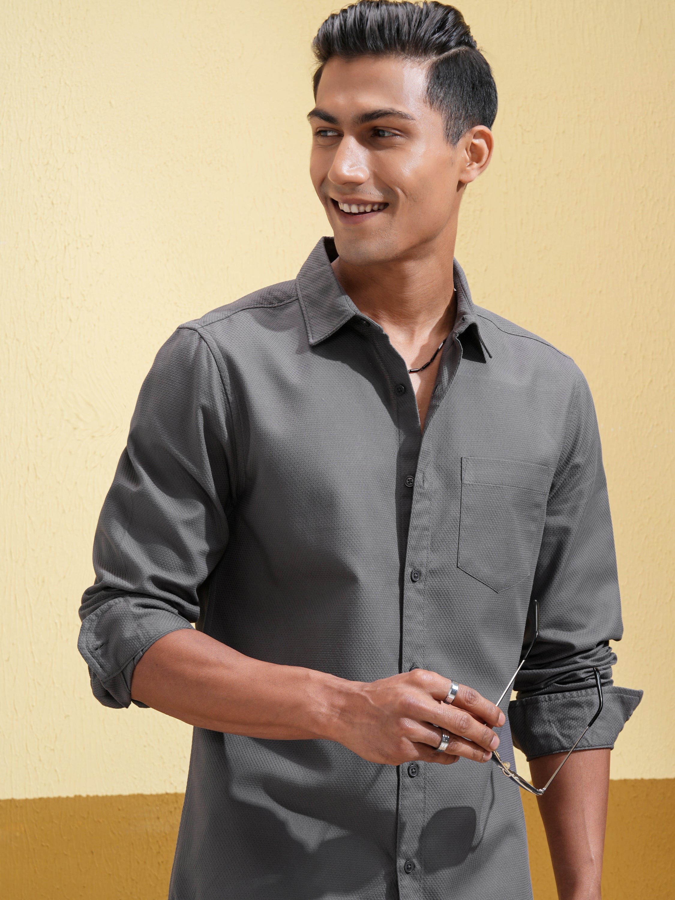 Highlander Men Charcoal Self Design Slim Fit Casual Shirt - Charcoal - Image 1
