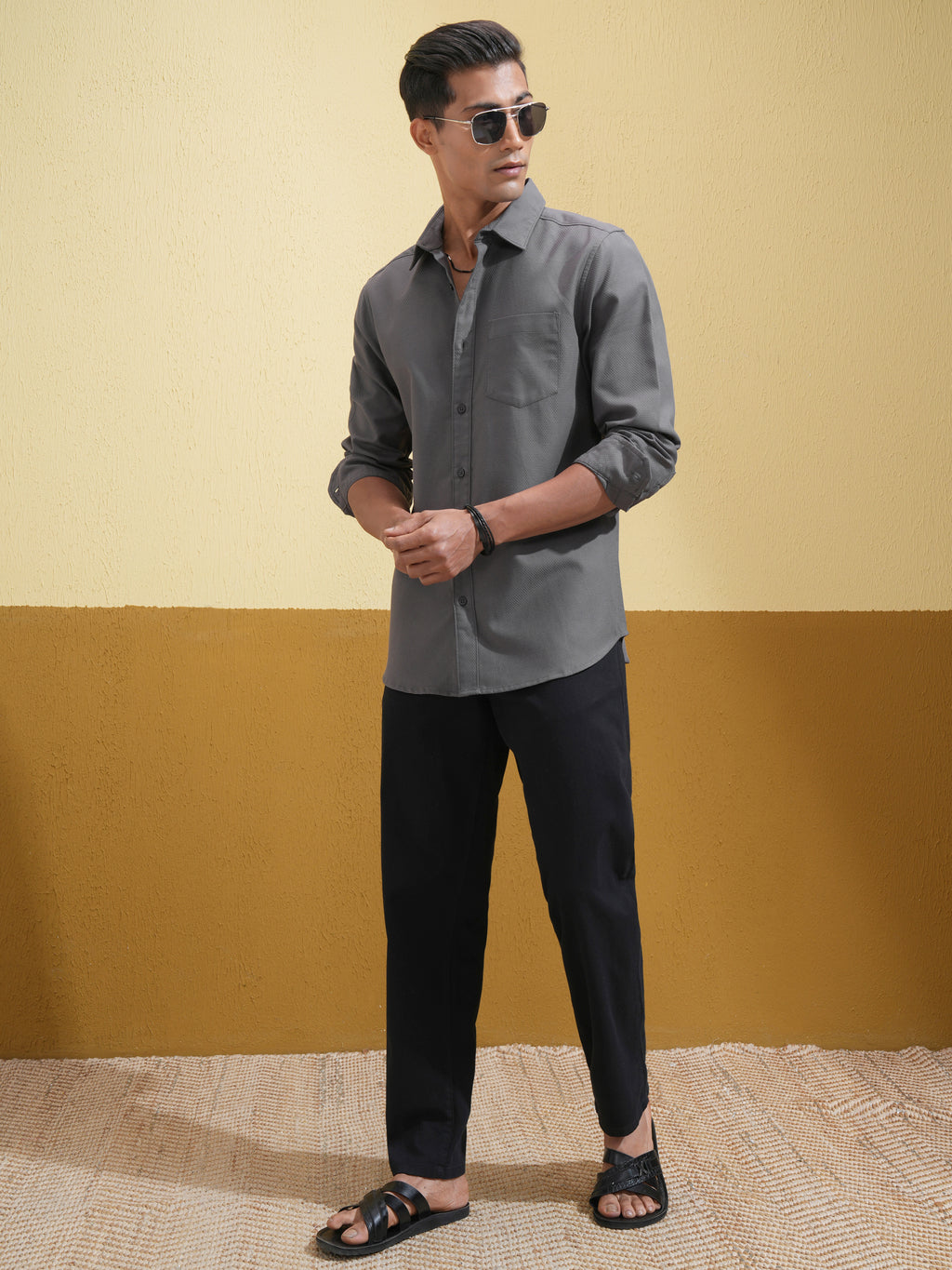 Highlander Men Charcoal Self Design Slim Fit Casual Shirt - Charcoal - Image 2