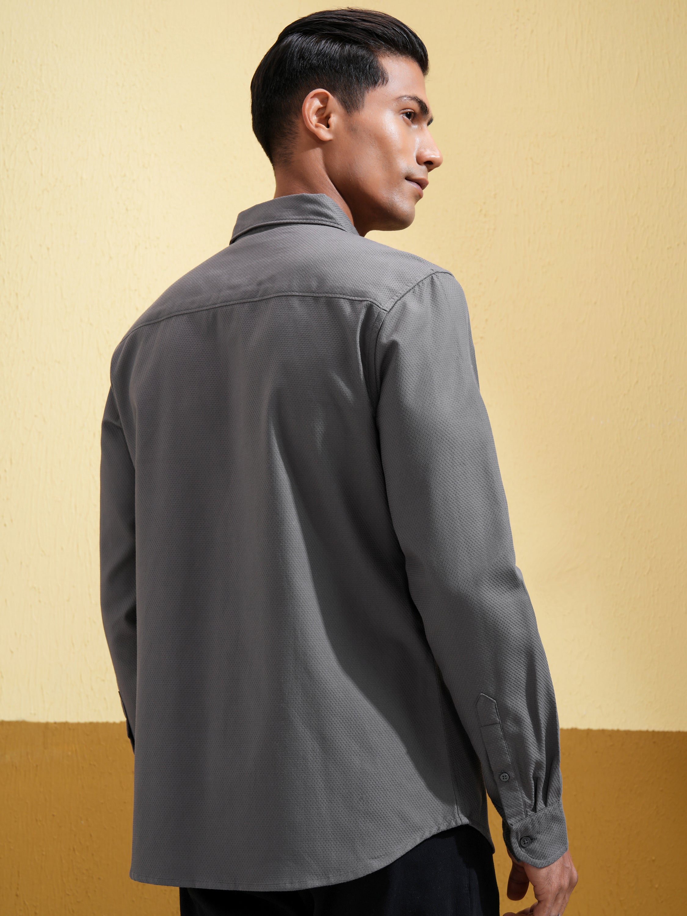 Highlander Men Charcoal Self Design Slim Fit Casual Shirt - Charcoal - Image 3
