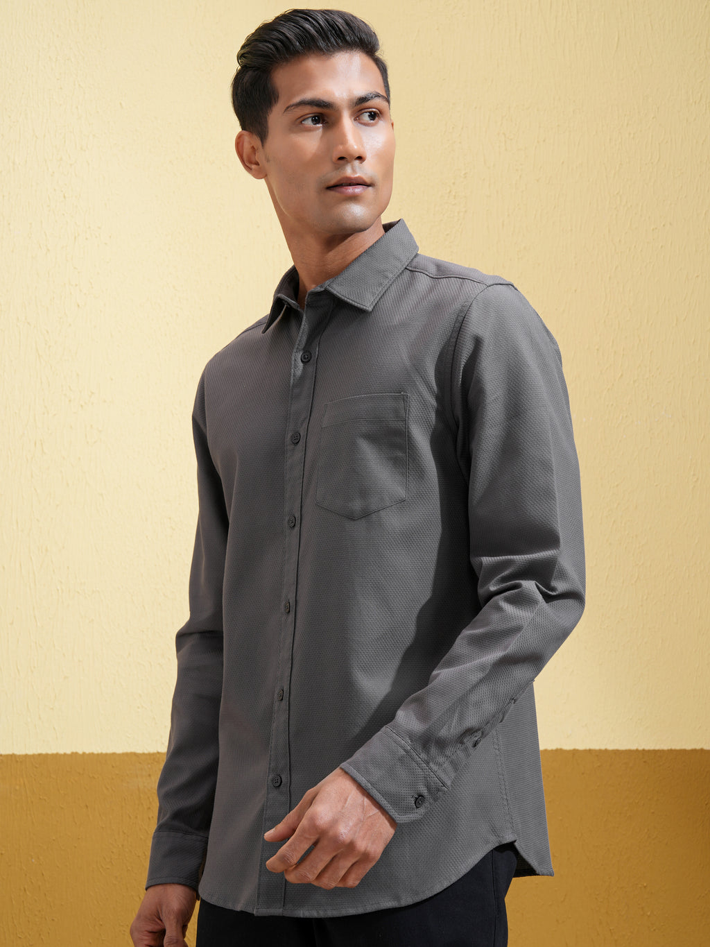 Highlander Men Charcoal Self Design Slim Fit Casual Shirt - Charcoal - Image 4