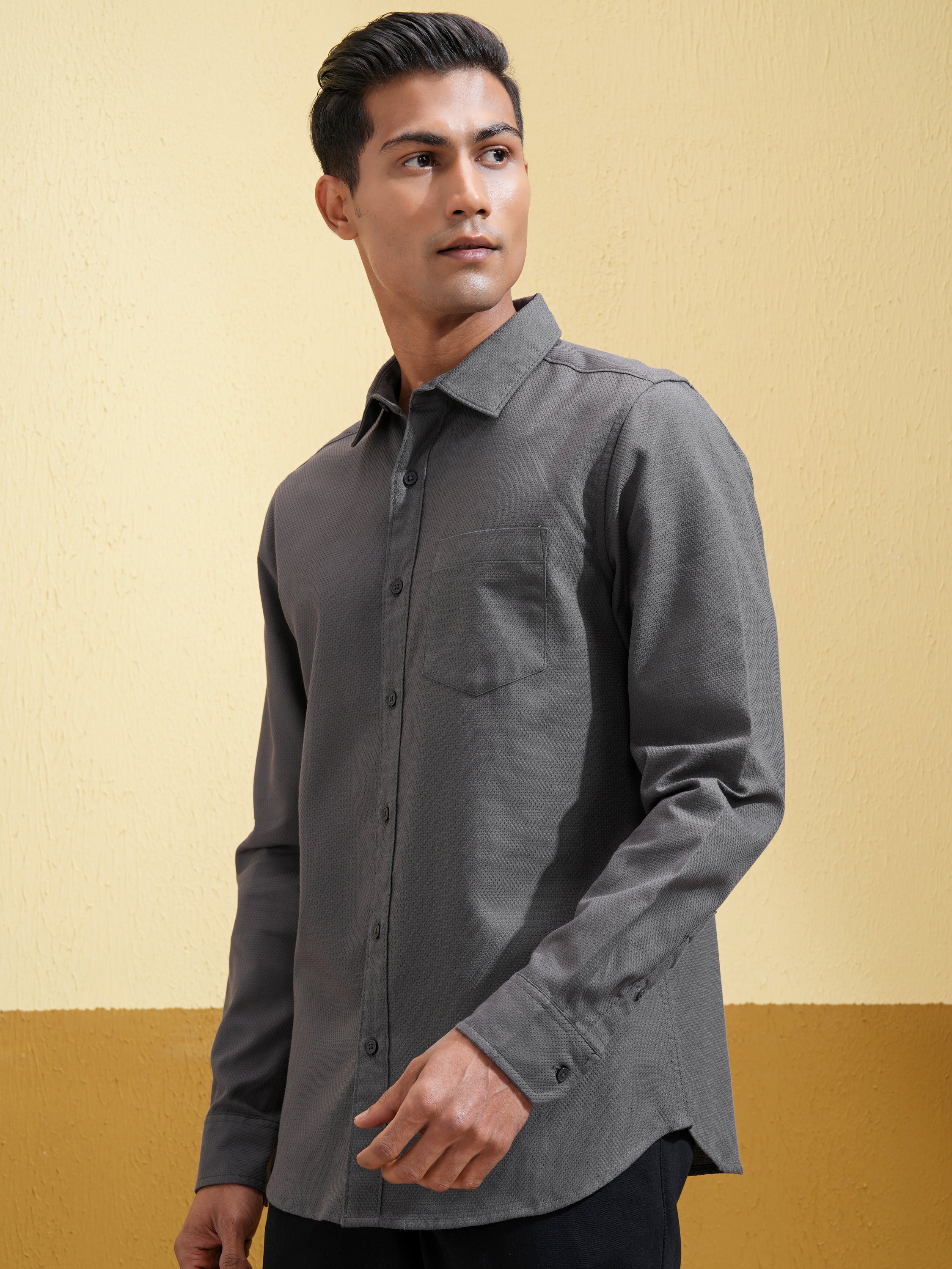Highlander Men Charcoal Self Design Slim Fit Casual Shirt - Charcoal - Image 4