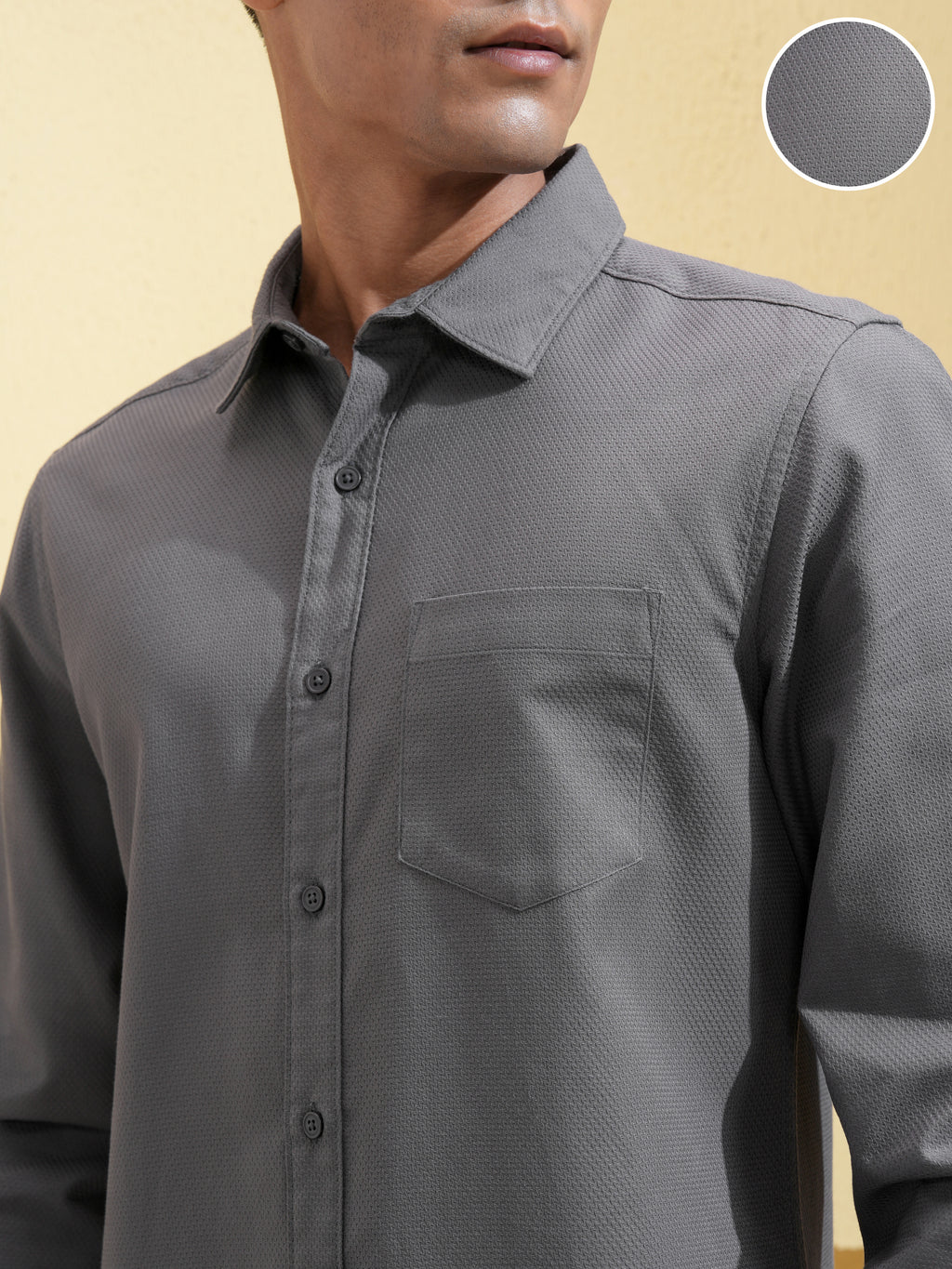 Highlander Men Charcoal Self Design Slim Fit Casual Shirt - Charcoal - Image 5
