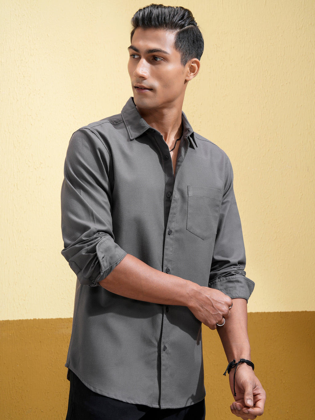 Highlander Men Charcoal Self Design Slim Fit Casual Shirt - Charcoal - Image 6