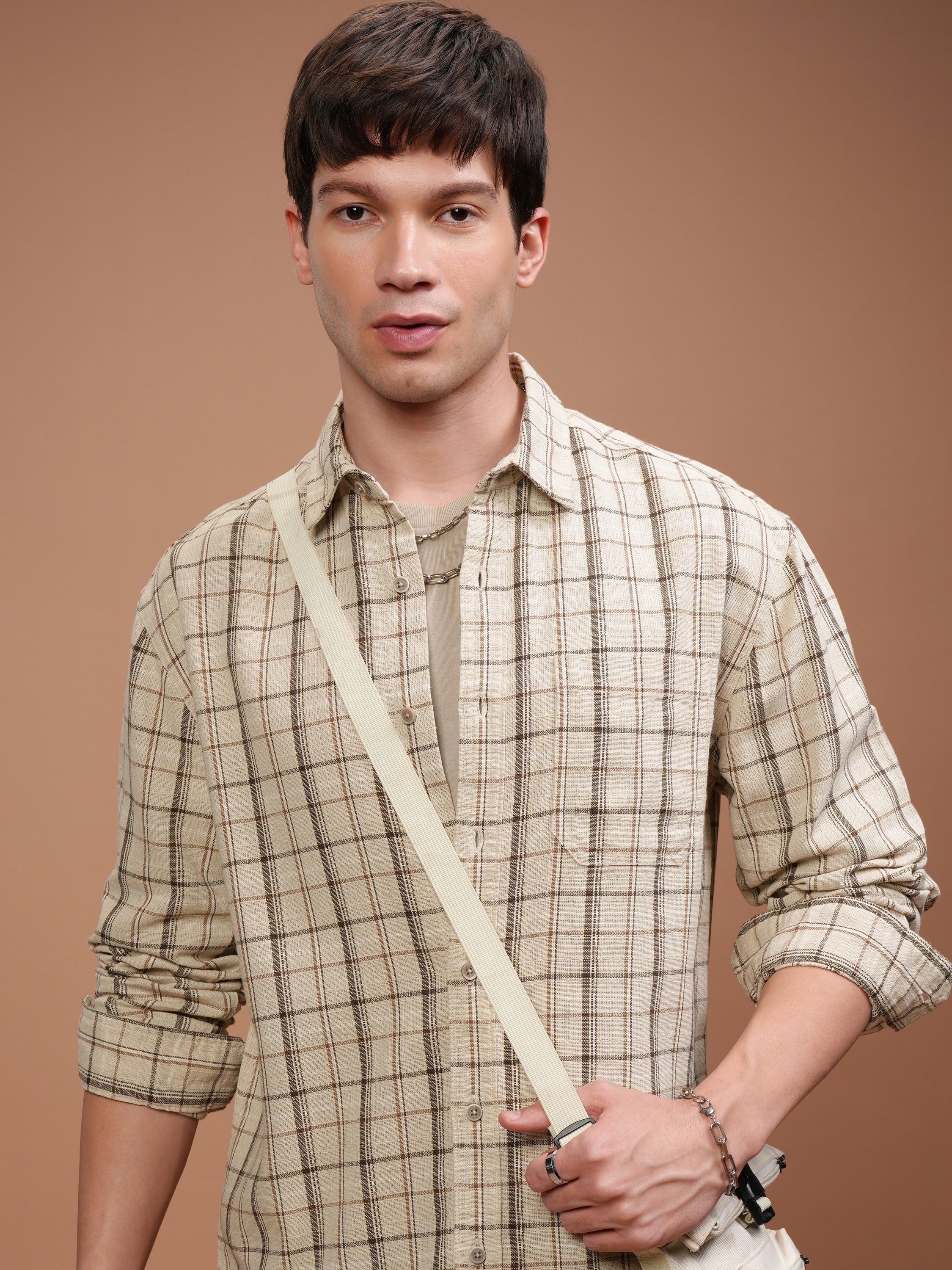 Highlander Men Cream Checked Relaxed Fit Casual Shirt - Cream - Image 1