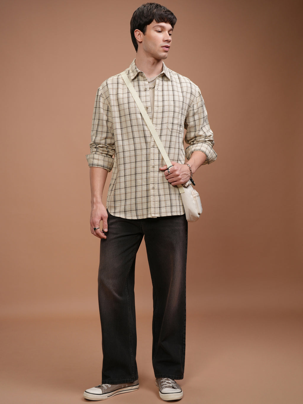 Highlander Men Cream Checked Relaxed Fit Casual Shirt - Cream - Image 2