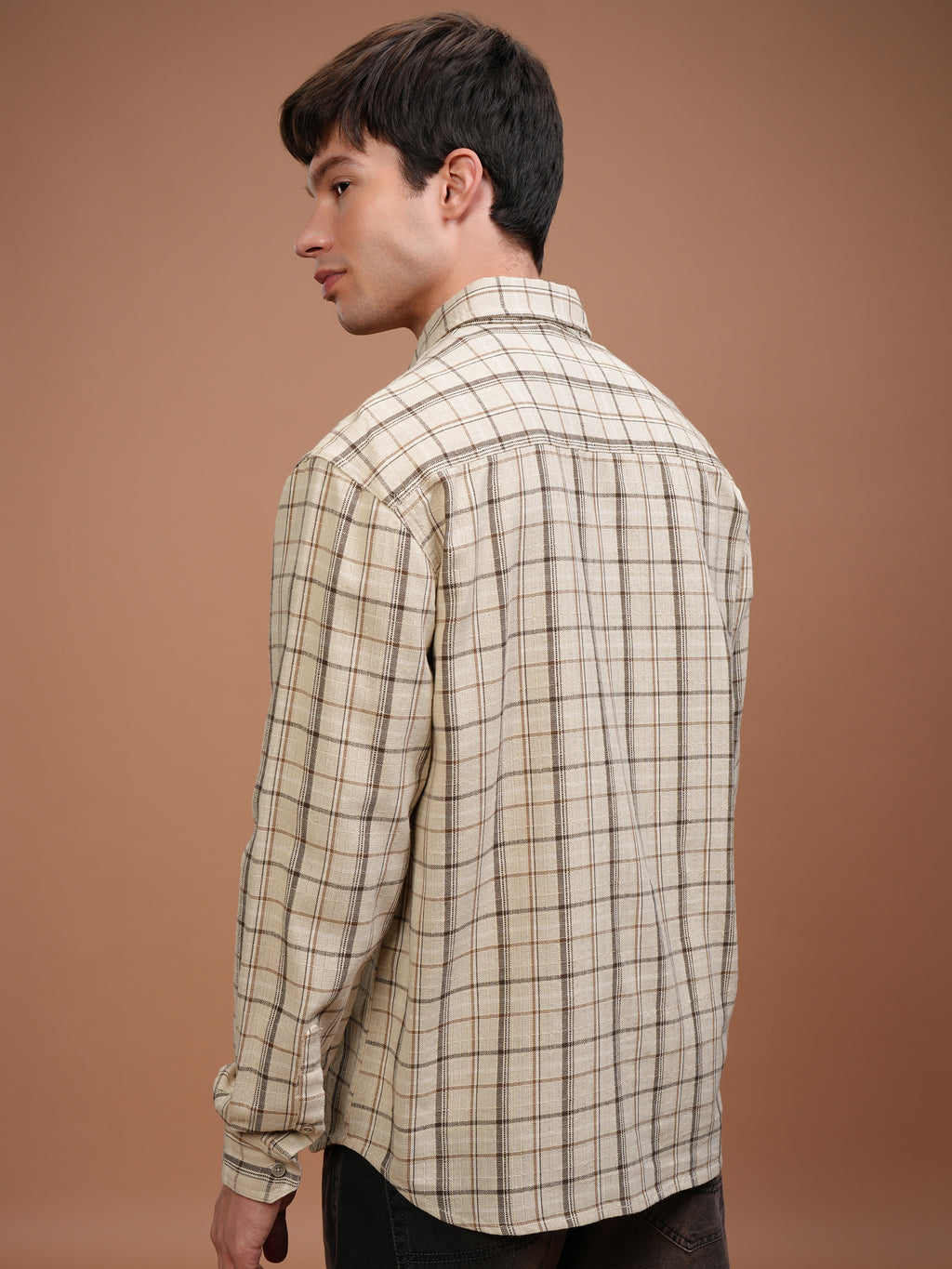 Highlander Men Cream Checked Relaxed Fit Casual Shirt - Cream - Image 3