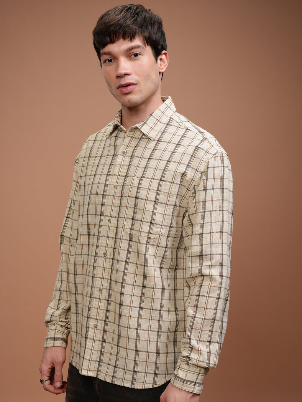 Highlander Men Cream Checked Relaxed Fit Casual Shirt - Cream - Image 4