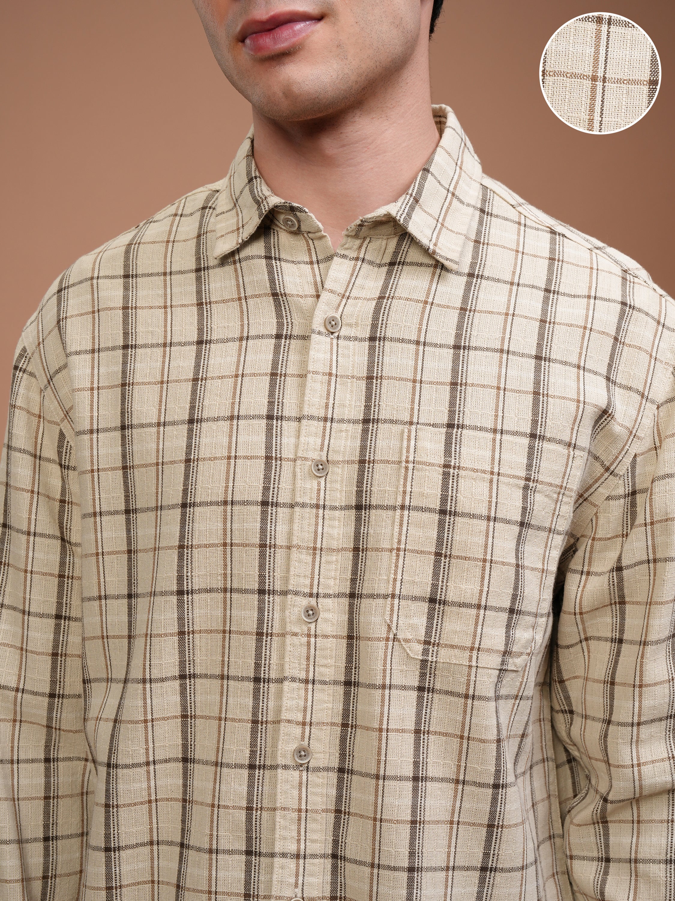 Highlander Men Cream Checked Relaxed Fit Casual Shirt - Cream - Image 5
