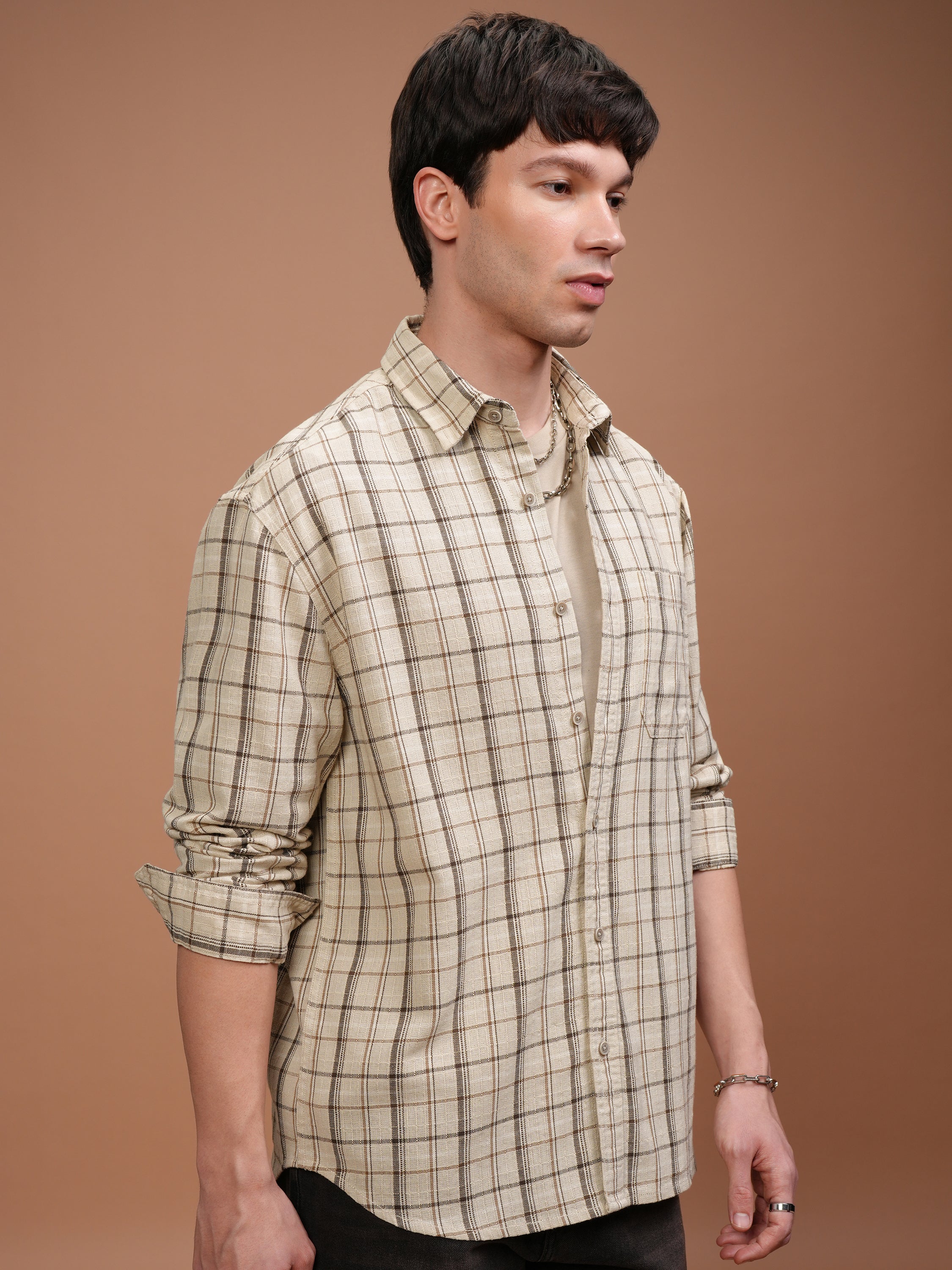 Highlander Men Cream Checked Relaxed Fit Casual Shirt - Cream - Image 6