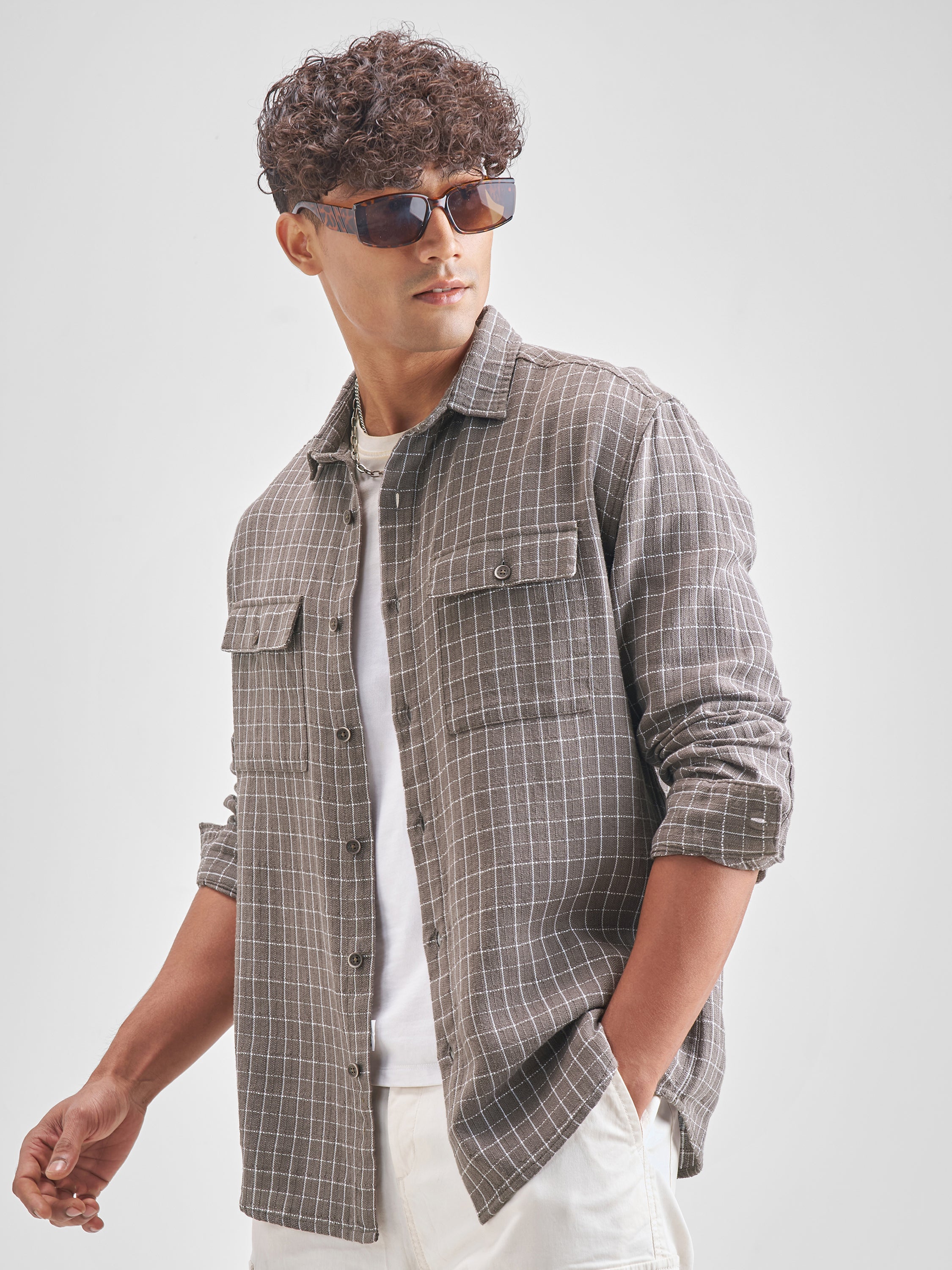 Highlander Men Charcoal Checked Relaxed Fit Casual Shirt - Charcoal - Image 4