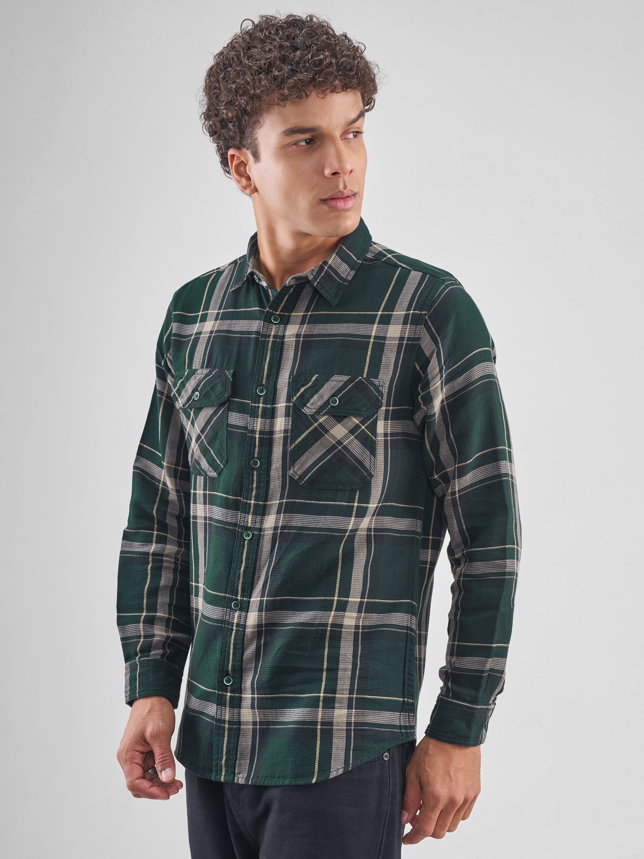 Highlander Men Green Checked Slim Fit Casual Shirt - Green - Image 4