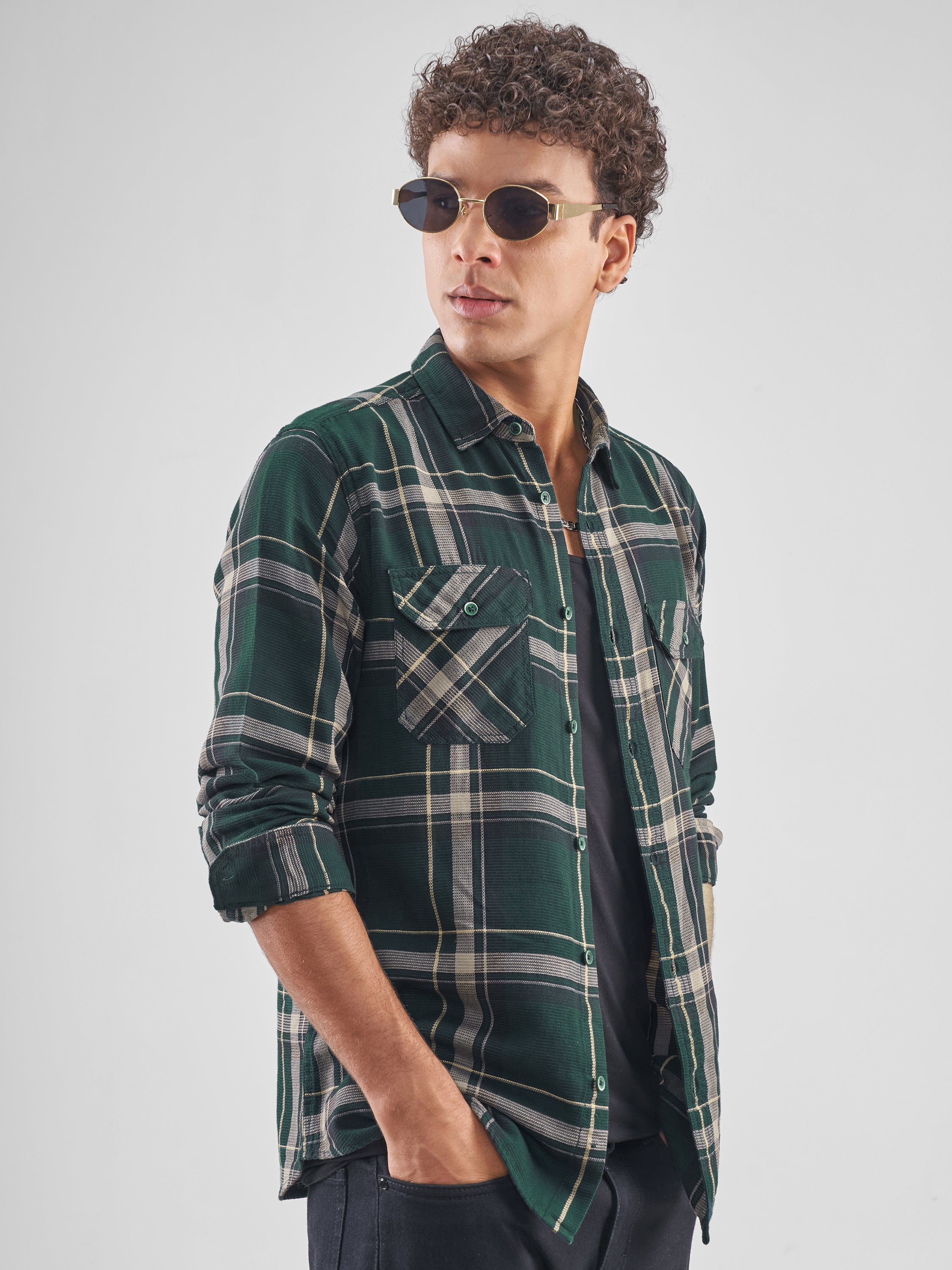 Highlander Men Green Checked Slim Fit Casual Shirt - Green - Image 6