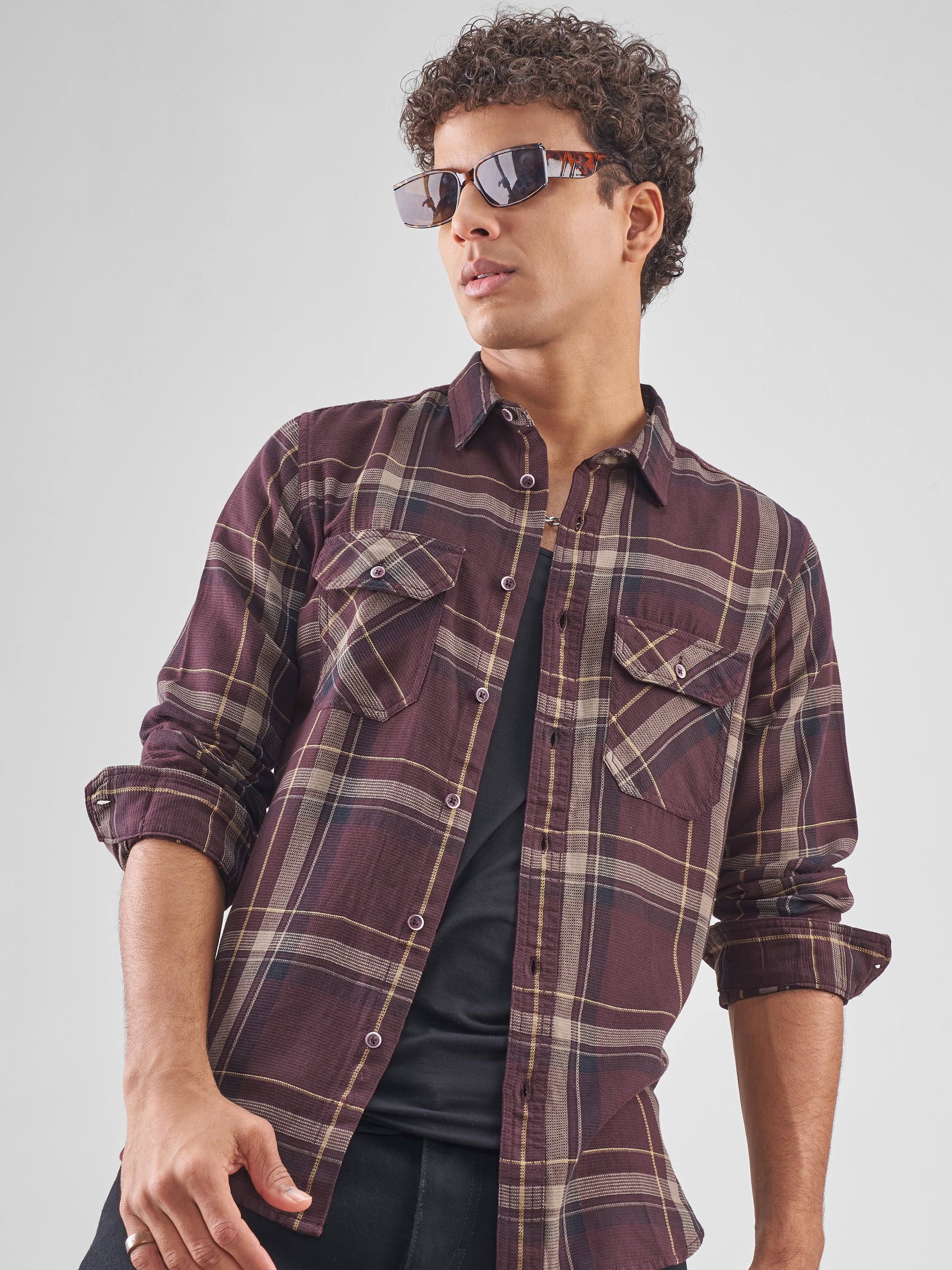 Highlander Men Maroon Checked Slim Fit Casual Shirt - Maroon - Image 1