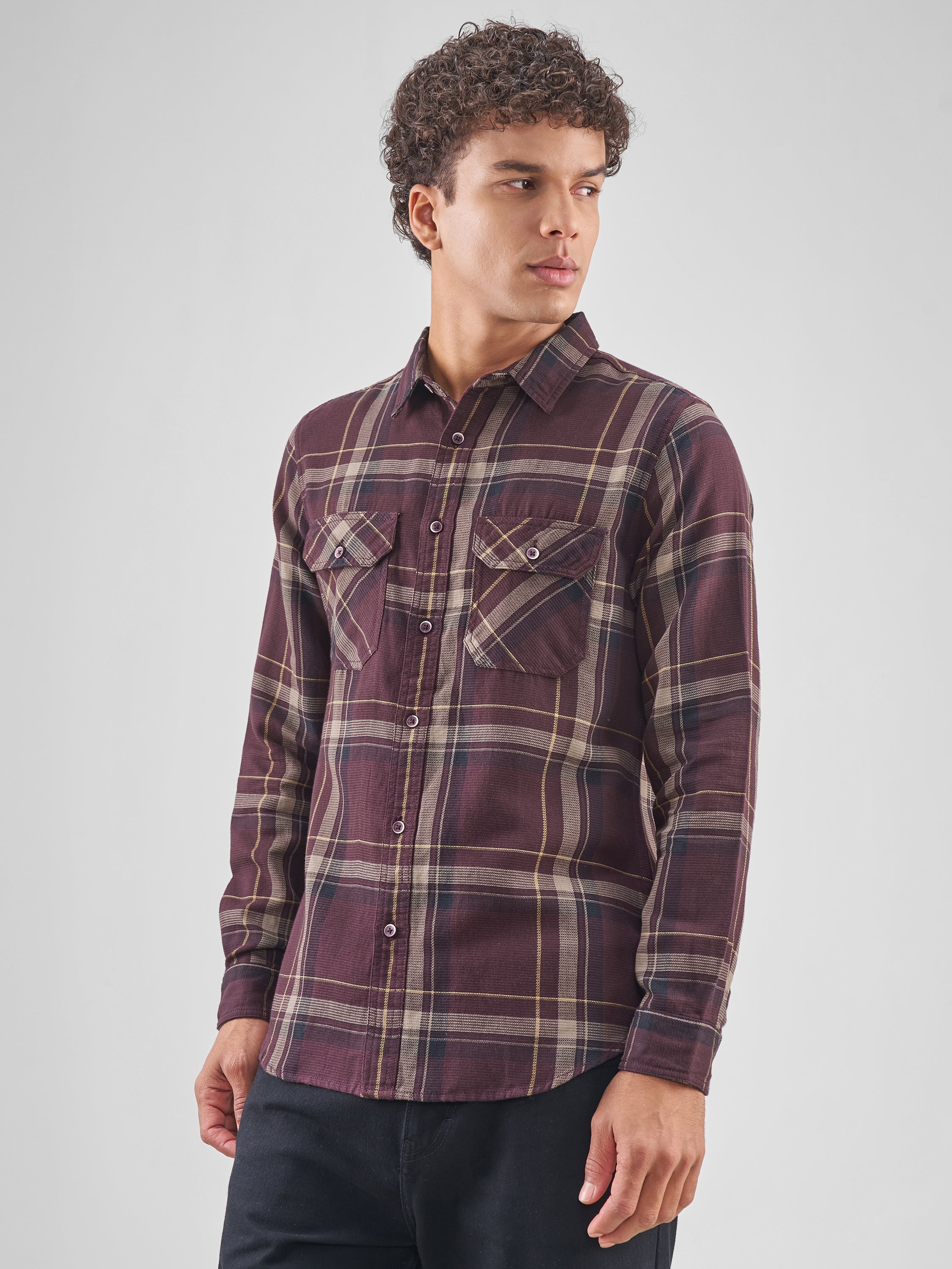 Highlander Men Maroon Checked Slim Fit Casual Shirt - Maroon - Image 4