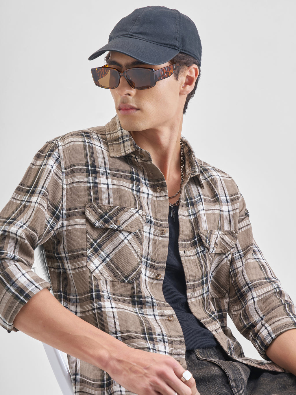 Highlander Men Khaki Checked Slim Fit Casual Shirt - Khaki - Image 1