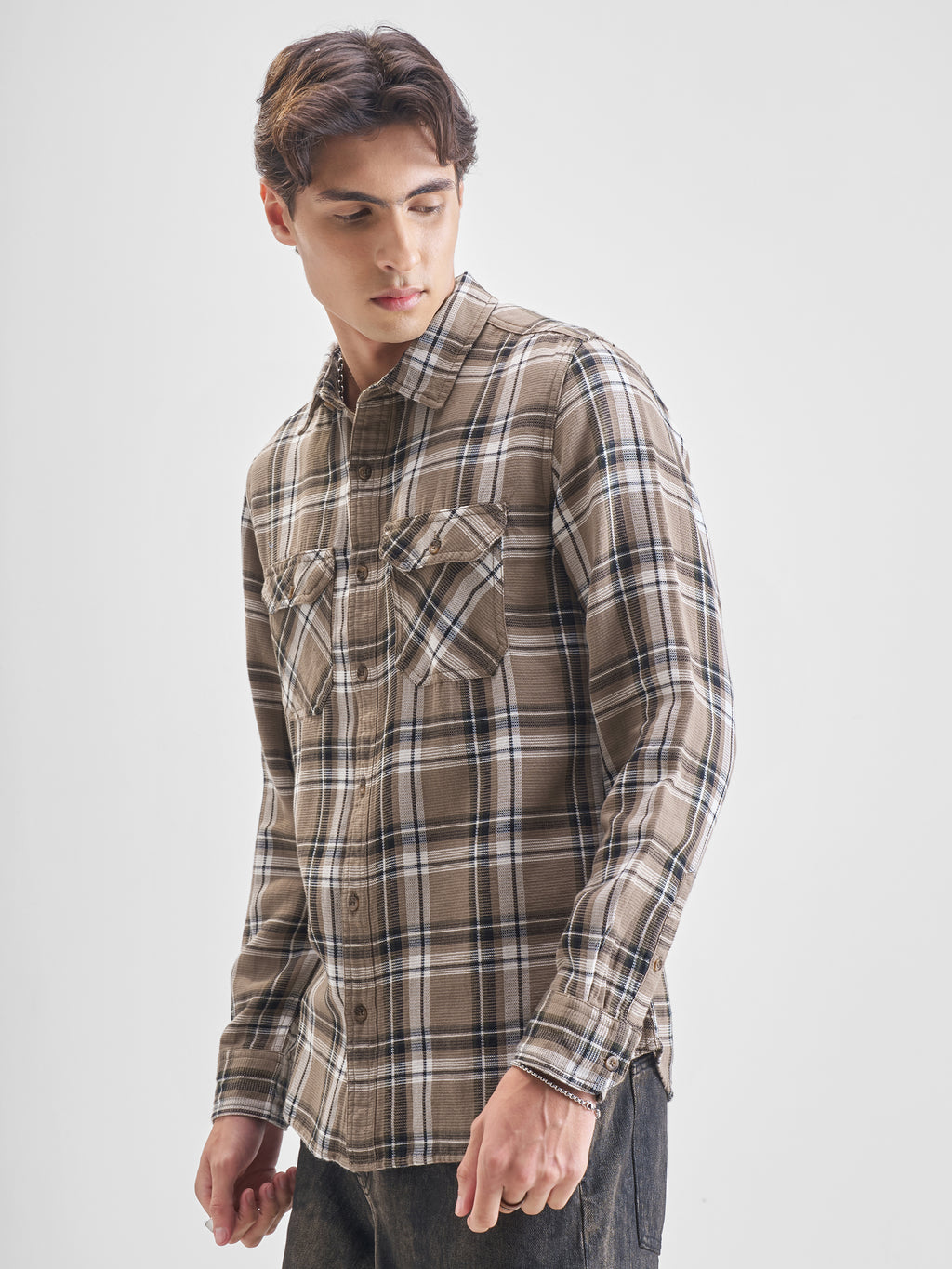 Highlander Men Khaki Checked Slim Fit Casual Shirt - Khaki - Image 4