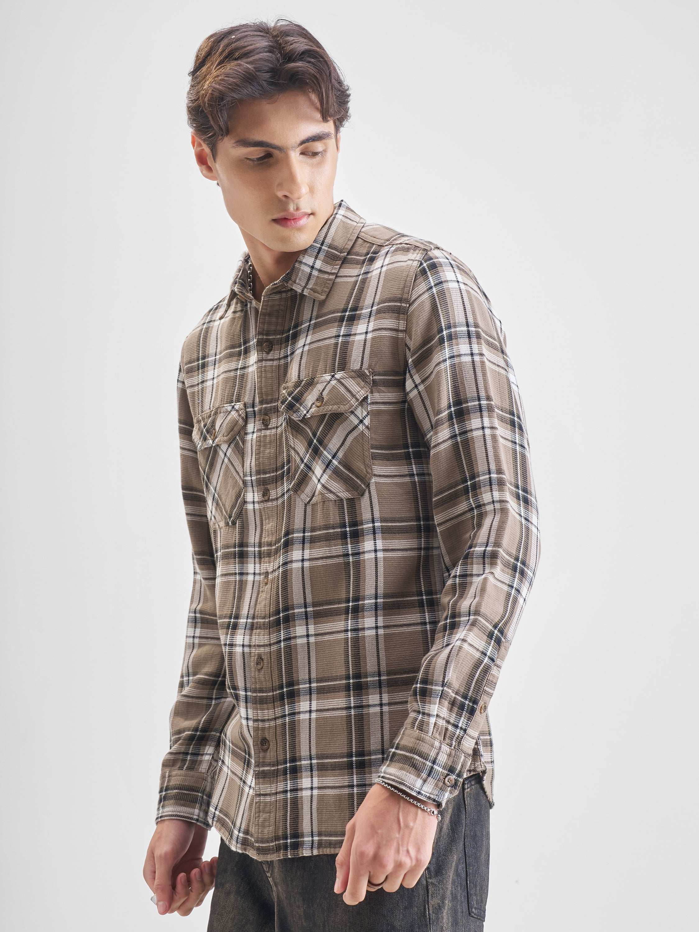 Highlander Men Khaki Checked Slim Fit Casual Shirt - Khaki - Image 4
