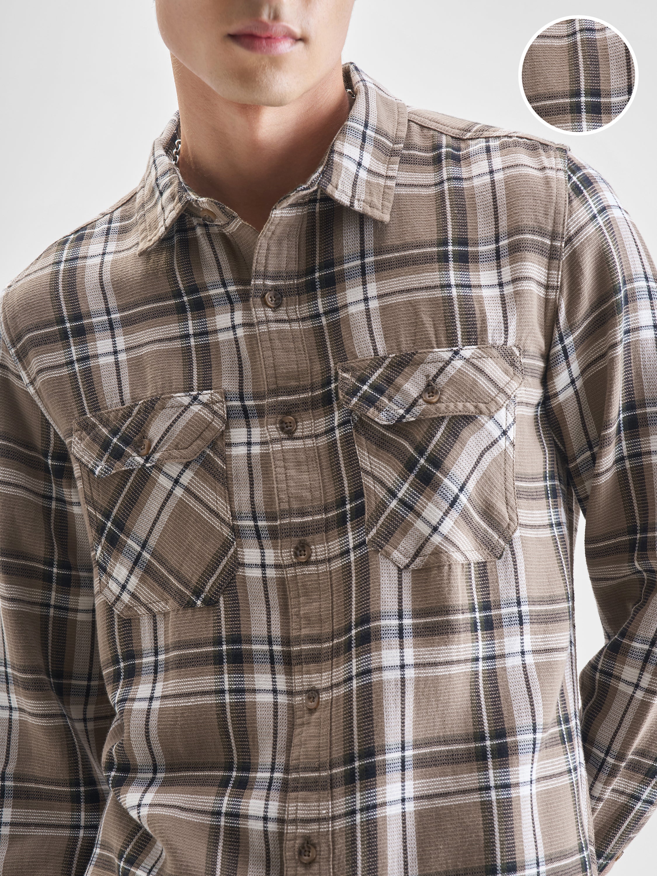 Highlander Men Khaki Checked Slim Fit Casual Shirt - Khaki - Image 5