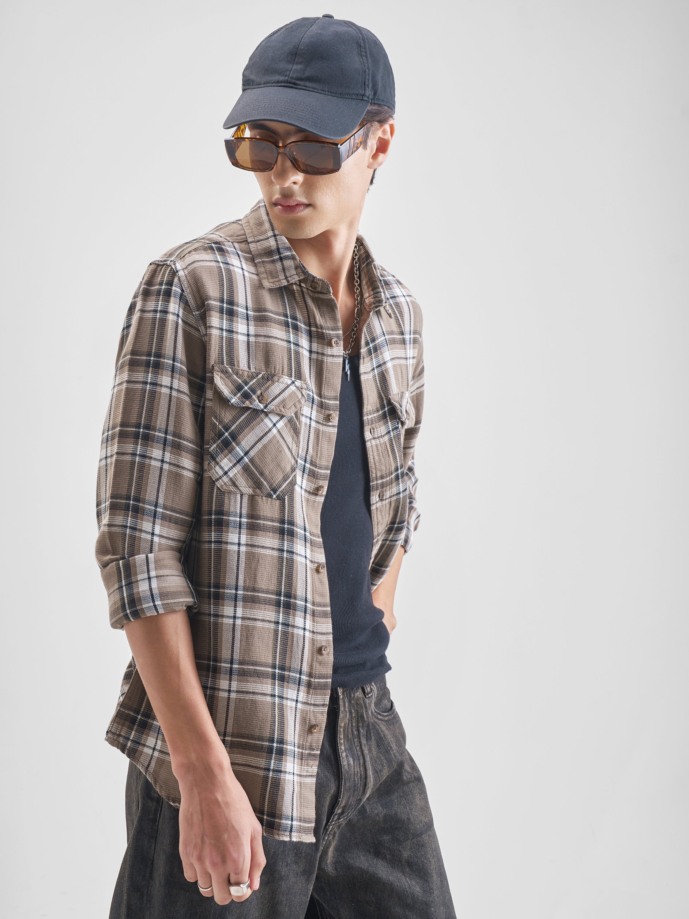 Highlander Men Khaki Checked Slim Fit Casual Shirt - Khaki - Image 6