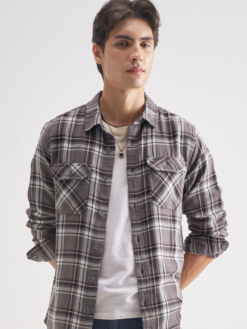 Highlander Men Grey Checked Relaxed Fit Casual Shirt - Grey - Image 1