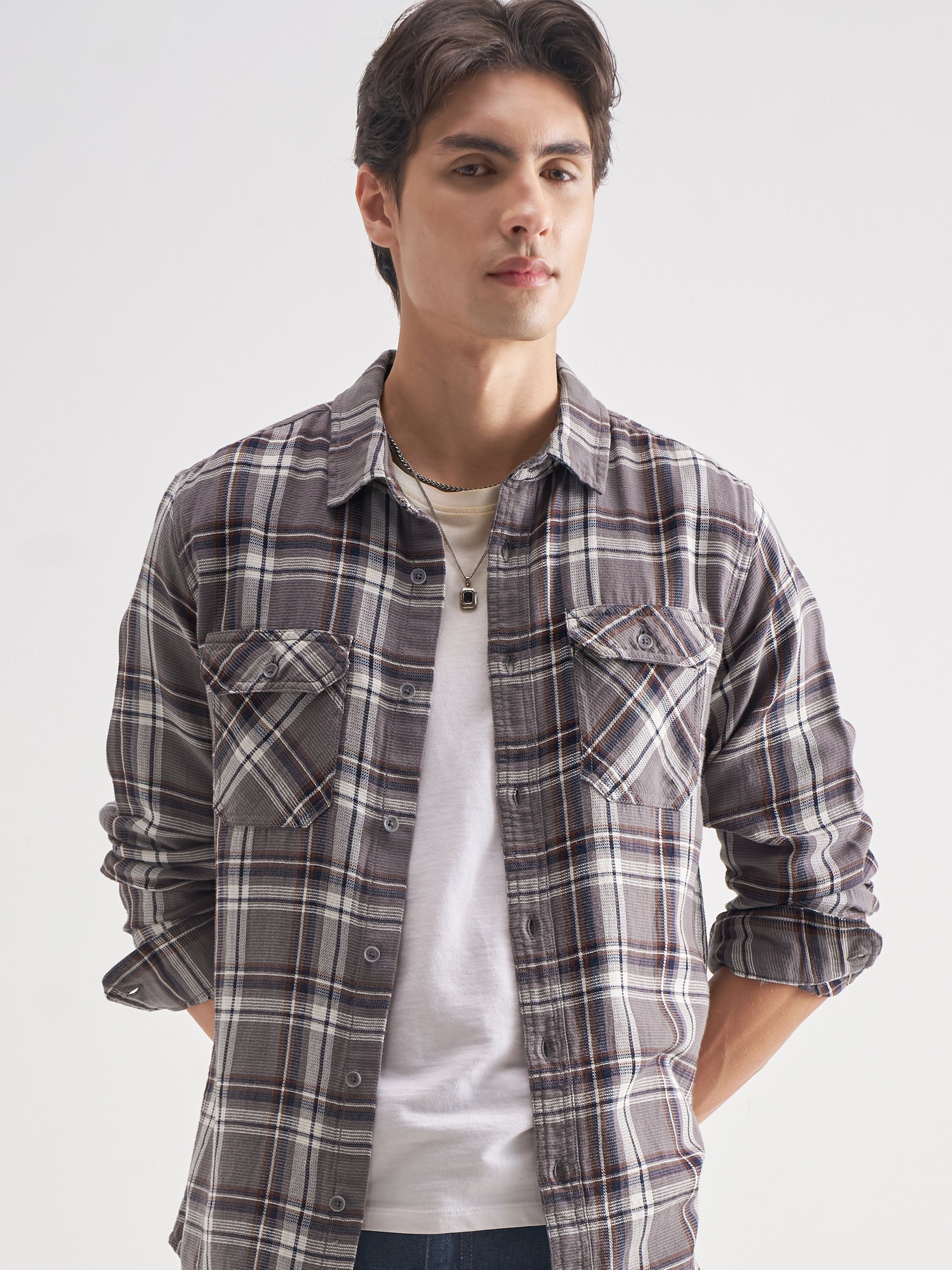 Highlander Men Grey Checked Relaxed Fit Casual Shirt - Grey - Image 1