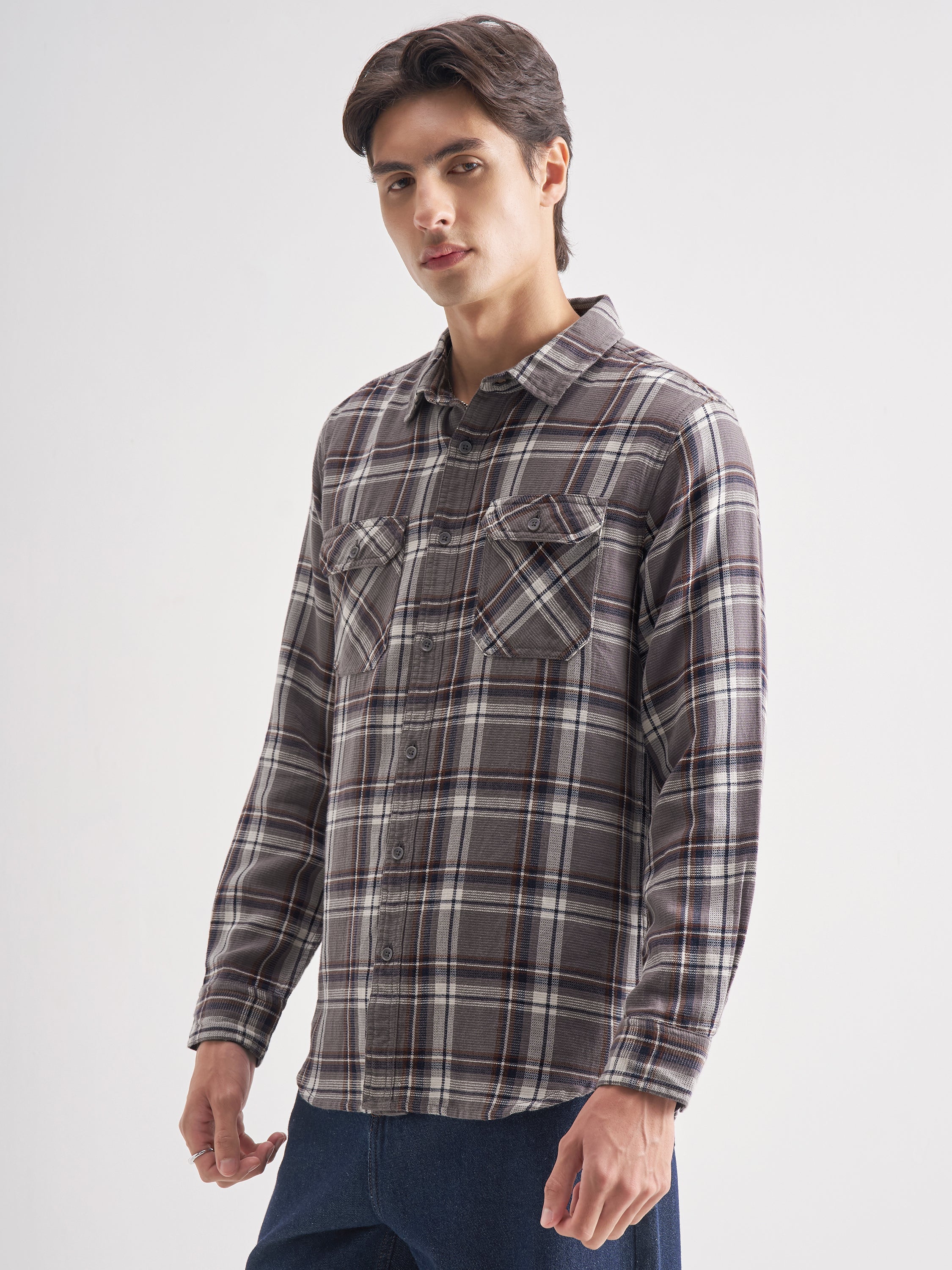 Highlander Men Grey Checked Relaxed Fit Casual Shirt - Grey - Image 4