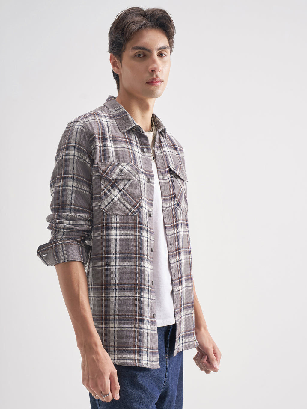 Highlander Men Grey Checked Relaxed Fit Casual Shirt - Grey - Image 6