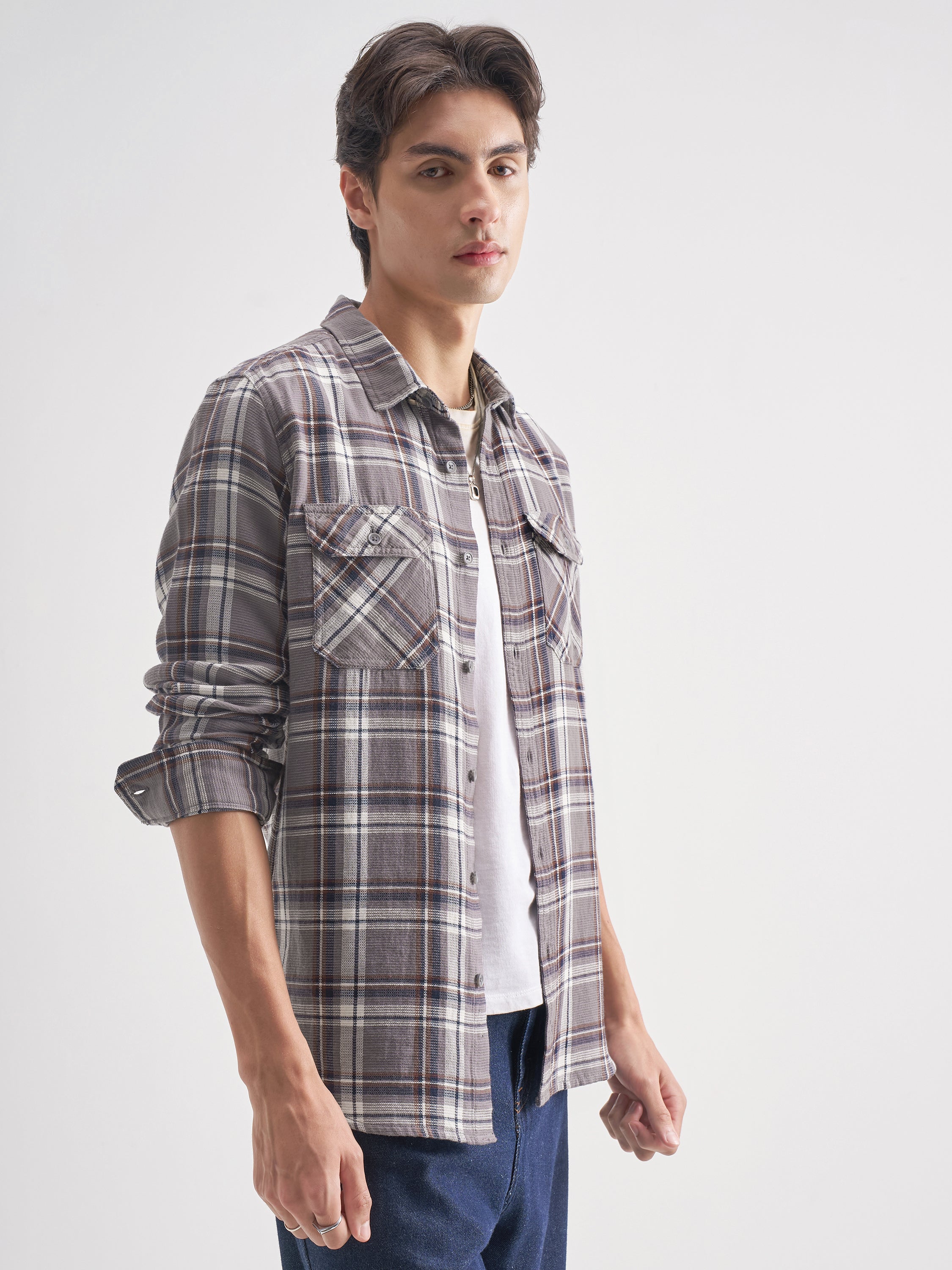 Highlander Men Grey Checked Relaxed Fit Casual Shirt - Grey - Image 6