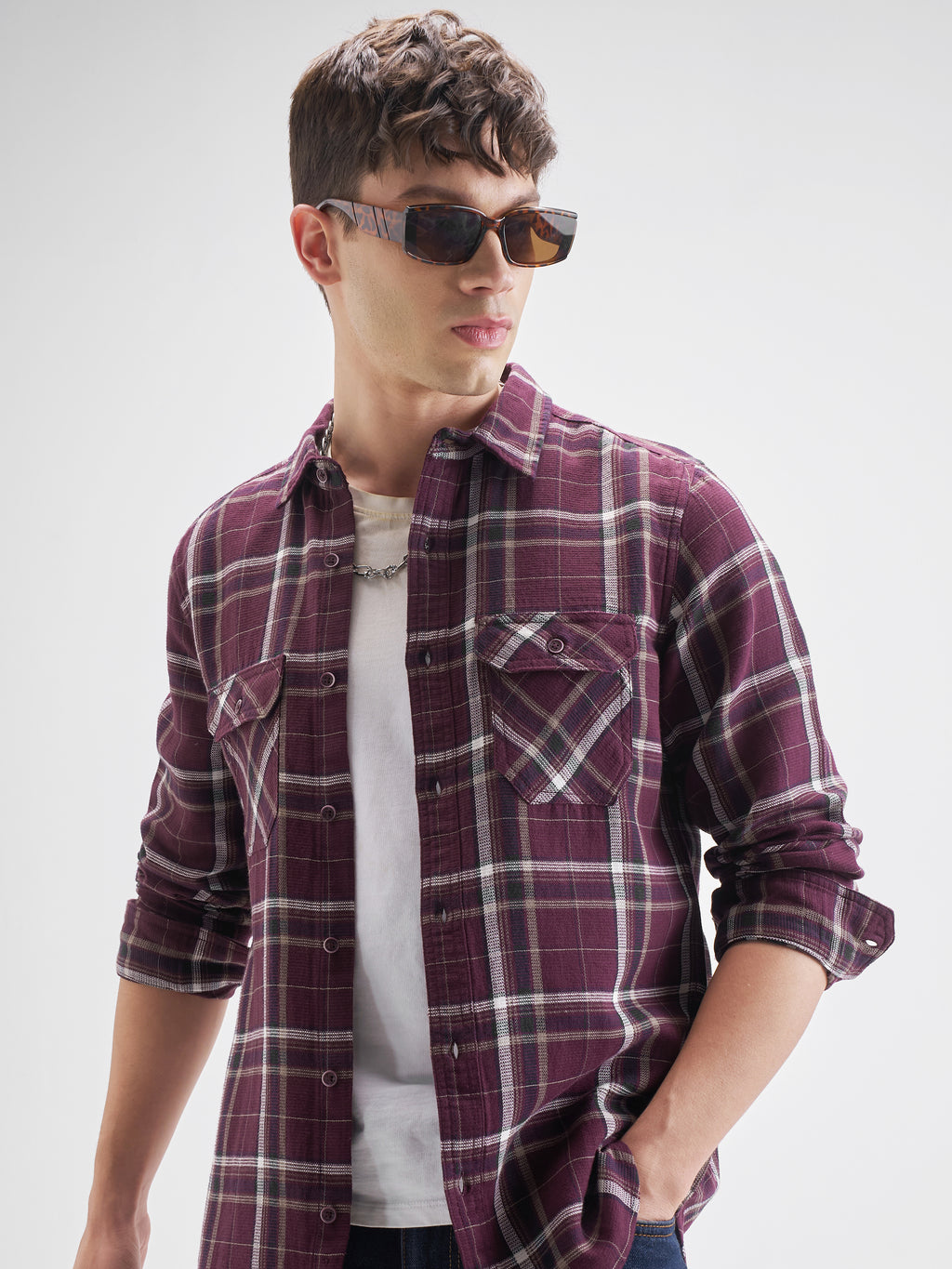 Highlander Men Maroon Checked Slim Fit Casual Shirt - Maroon - Image 1