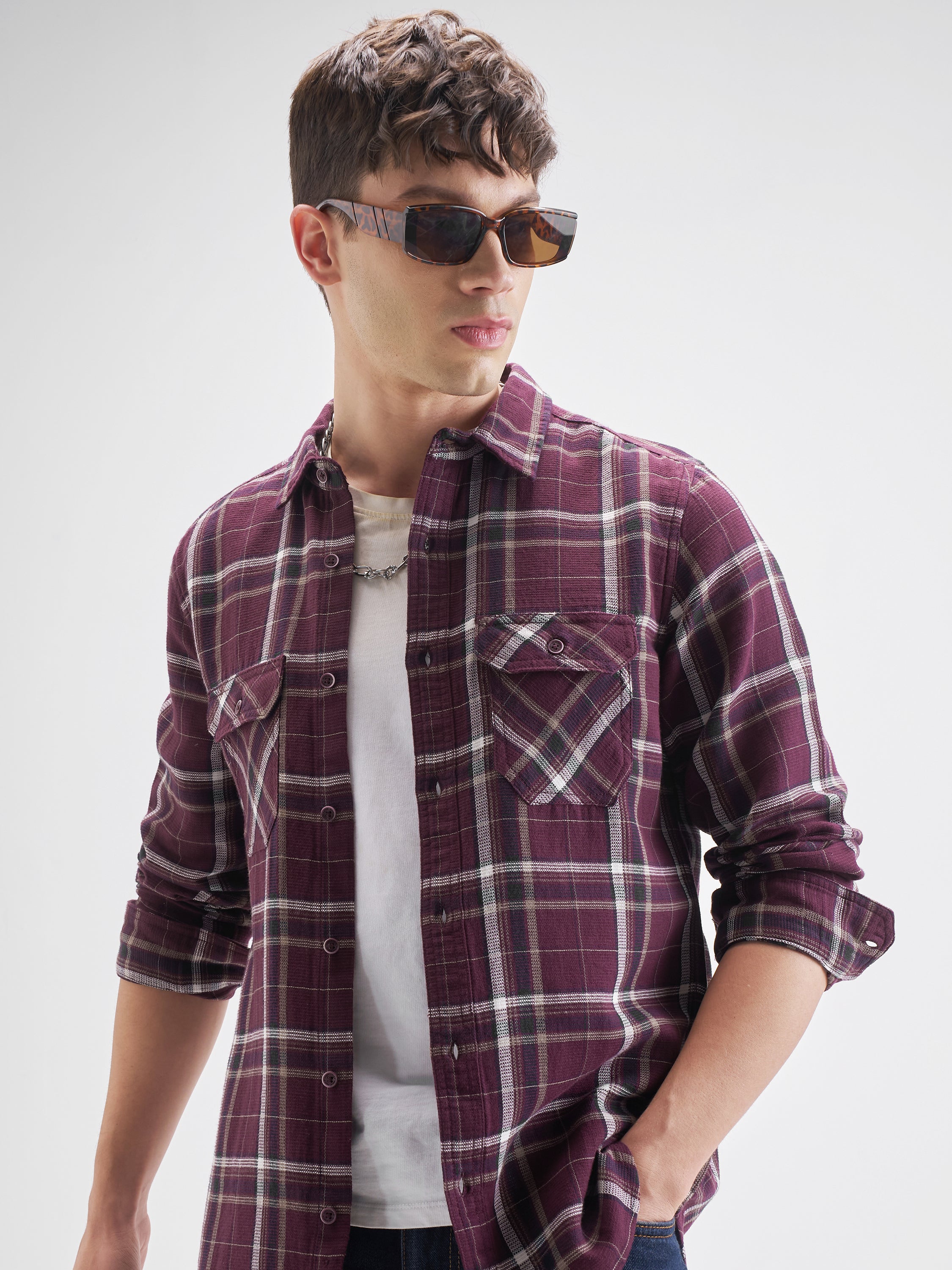 Highlander Men Maroon Checked Slim Fit Casual Shirt - Maroon - Image 1