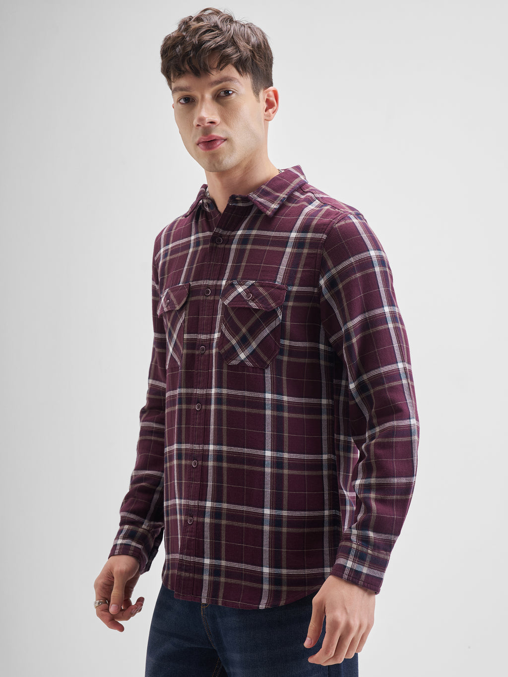 Highlander Men Maroon Checked Slim Fit Casual Shirt - Maroon - Image 4