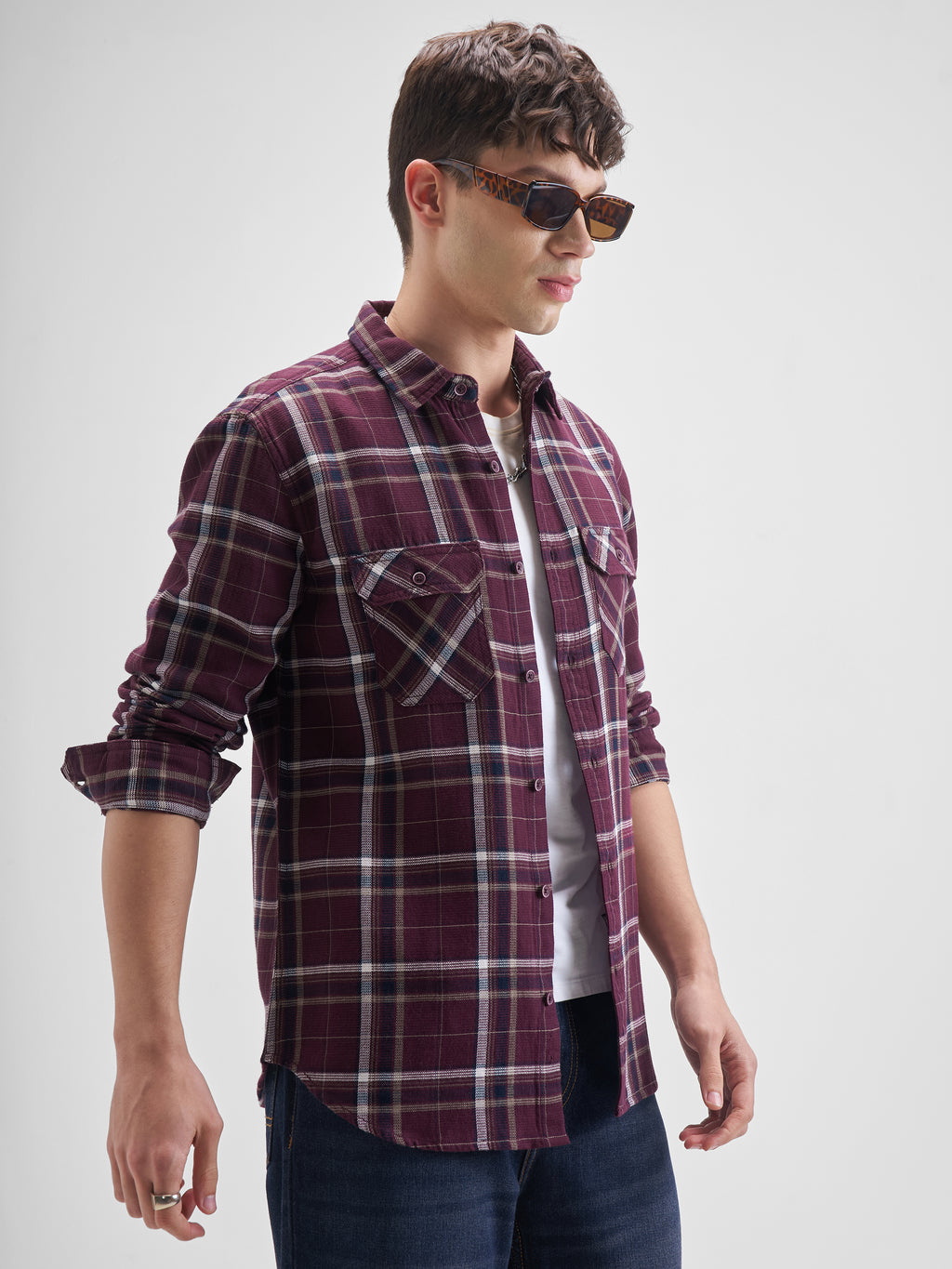 Highlander Men Maroon Checked Slim Fit Casual Shirt - Maroon - Image 6