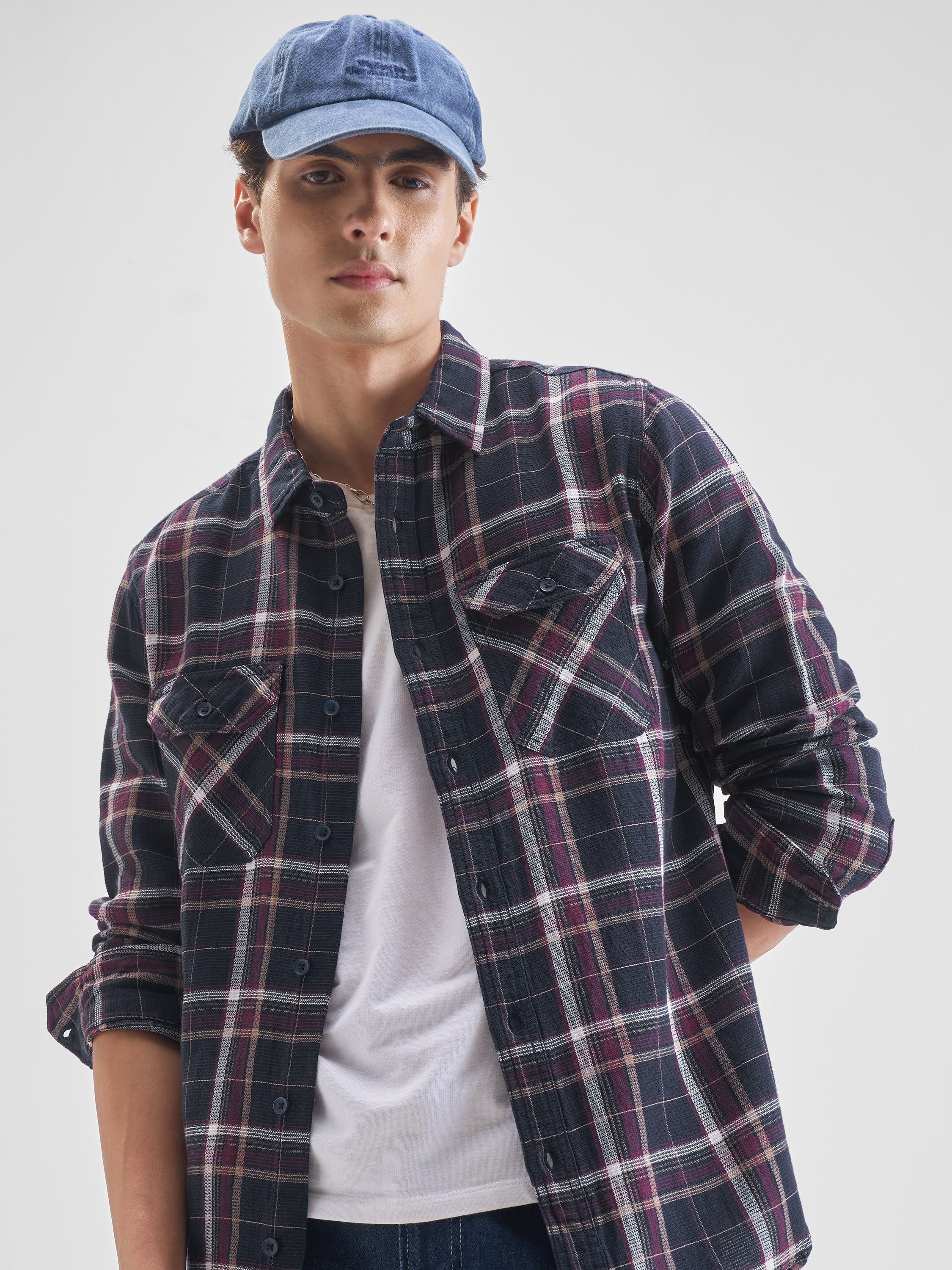 Highlander Men Navy Blue Checked Slim Fit Casual Shirt - Navy Blue - Image 1