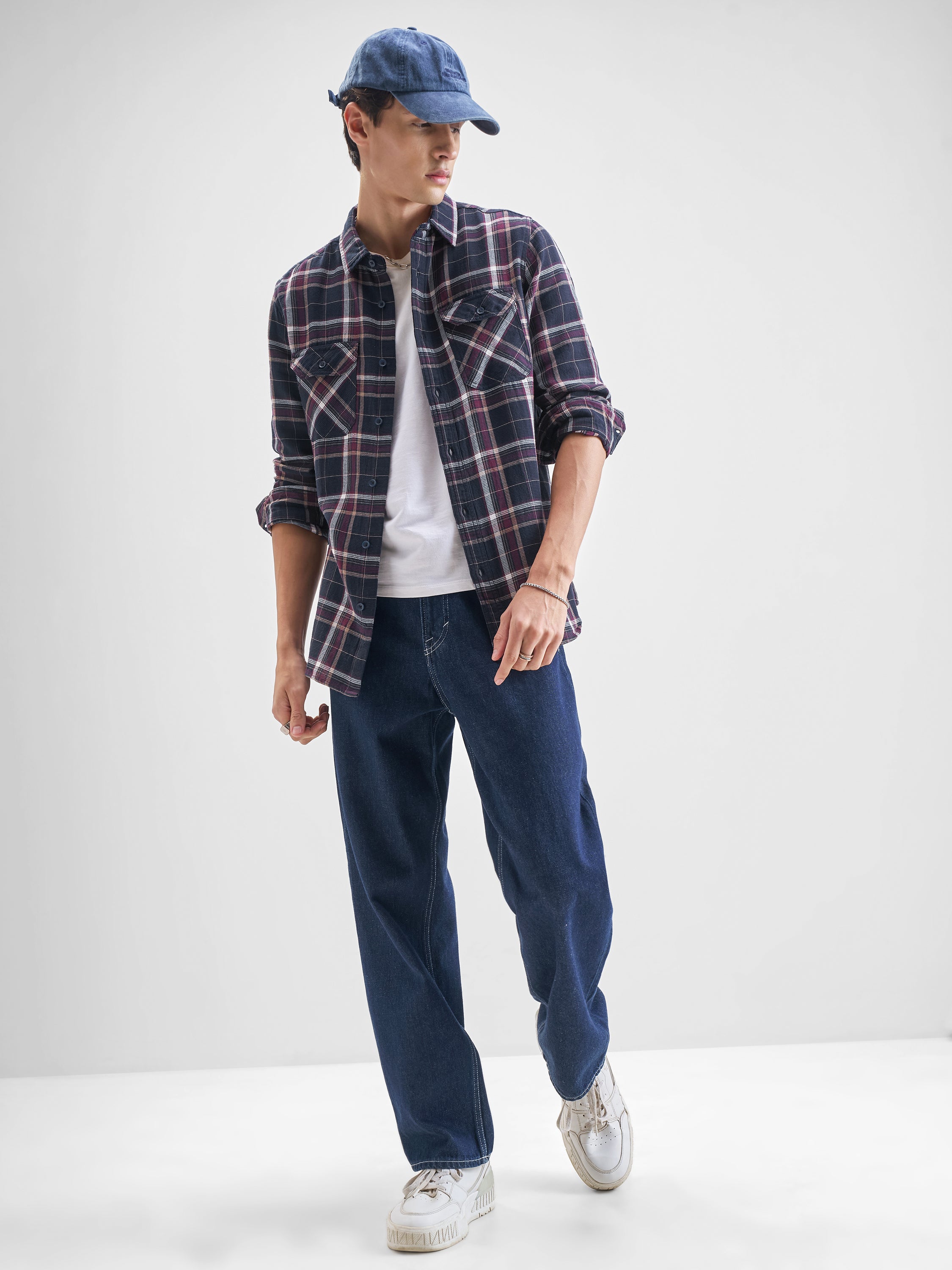 Highlander Men Navy Blue Checked Slim Fit Casual Shirt - Navy Blue - Image 2