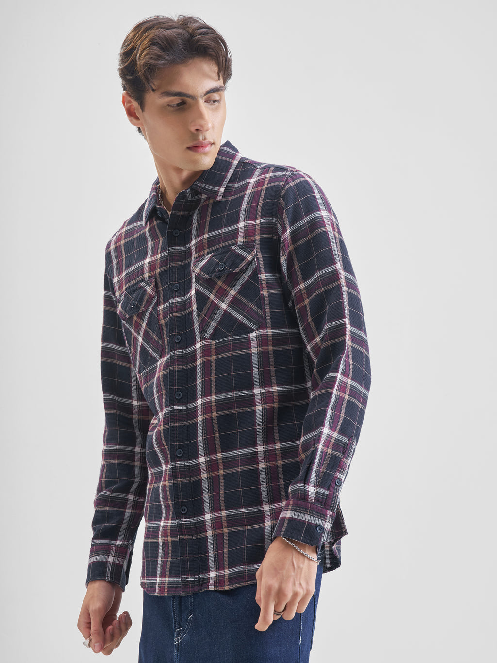 Highlander Men Navy Blue Checked Slim Fit Casual Shirt - Navy Blue - Image 4