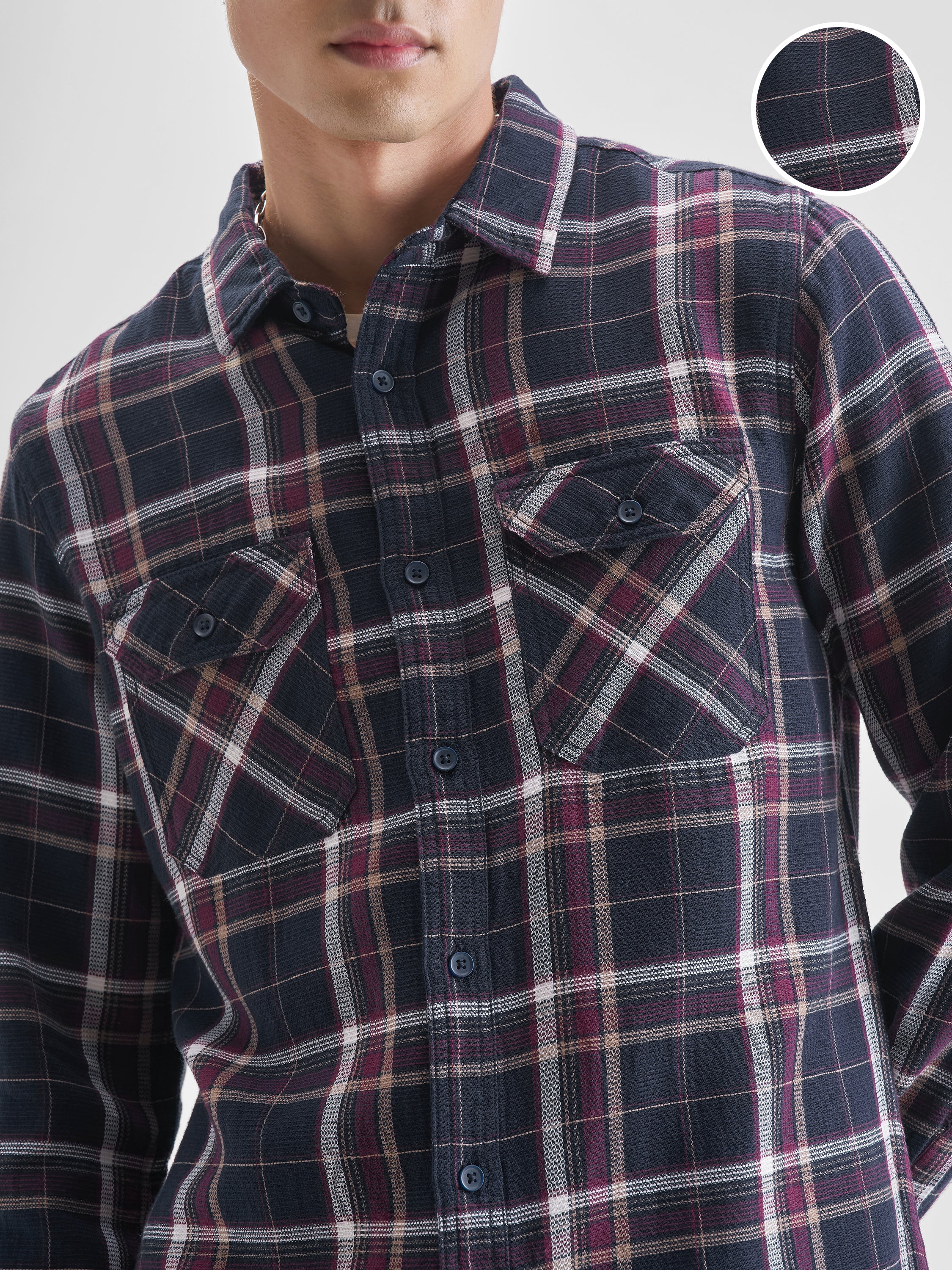 Highlander Men Navy Blue Checked Slim Fit Casual Shirt - Navy Blue - Image 5