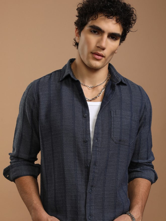Highlander Men Blue Striped Slim Fit Casual Shirt - Blue - Image 1