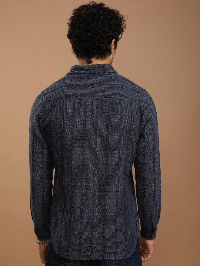 Highlander Men Blue Striped Slim Fit Casual Shirt - Blue - Image 3